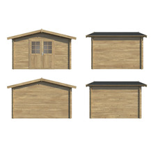 Trädgårdshus i trä med dubbeldörr och fönster, olika vyer