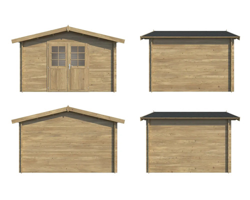 Trädgårdshus i trä med dubbeldörr och fönster, olika vyer