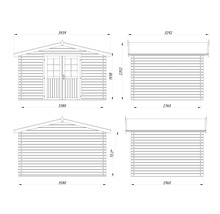 Teknisk ritning av ett trädgårdshus med dimensioner