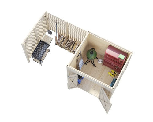 Översikt över ett trädgårdsförråd i trä med grill, trädgårdsredskap, ved och förvaringsmöbler.