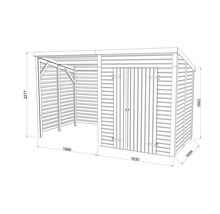 Teknisk ritning av ett trädgårdsskjul med mått