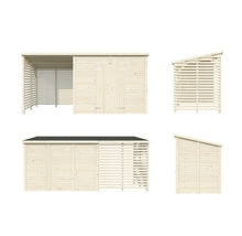 Trädgårdshus i trä med redskapsbod och öppen förvaringsyta i olika vyer