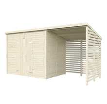 Trädgårdshus i trä med dubbeldörr och sidotak