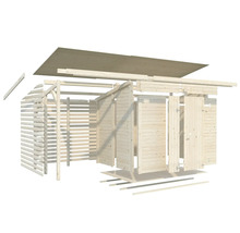 Sprängskiss av ett trädgårdshus i trä