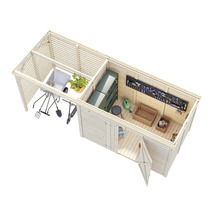 Översikt över en trädgårdsskjul med trädgårdsredskap, verktyg och hyllor