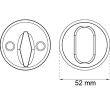 Teknisk ritning av en toalettrosett med vridknapp och en rosett med spår, diameter 52 mm