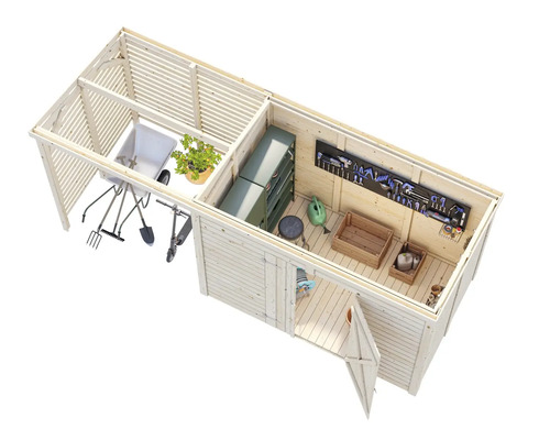 Översikt över ett trädgårdshus med trädgårdsredskap, verktyg och förvaringsmöjligheter.