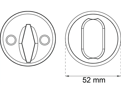 Ritning av en dörrrosett med vridknapp och cylinderhål med måttet 52 millimeter.