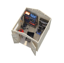 Interiörbild av ett trädgårdsskjul med hyllor och trädgårdsredskap.