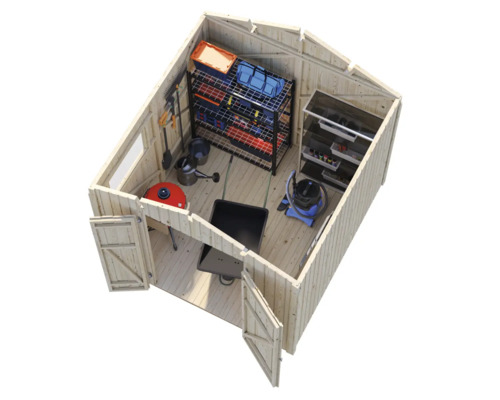 Interiörbild av ett trädgårdsskjul med hyllor och trädgårdsredskap.