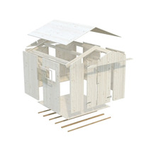 Sprängskiss av ett trädgårdsförråd i trä med tak, väggar och golv