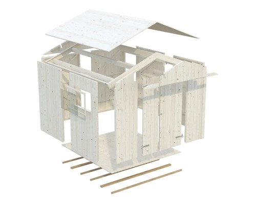 Sprängskiss av ett trädgårdsförråd i trä med tak, väggar och golv