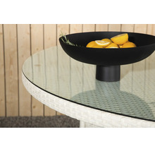 Trädgårdsbord med glasskiva och fruktskål