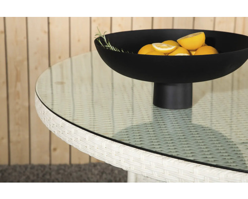 Trädgårdsbord med glasskiva och fruktskål