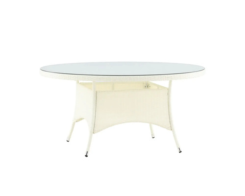 Runt trädgårdsbord med glasskiva och rottingutseende