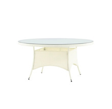 Runt trädgårdsbord med glasskiva och rottingstruktur