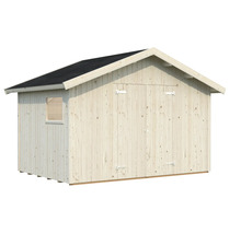 Trädgårdshus i trä med fönster och svart tak