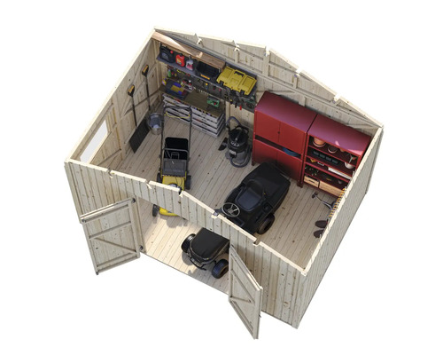 Ett trädgårdshus i trä med trädgårdsredskap och förvaringsmöbler