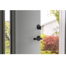 Öppen dörr med svart dörrhandtag och lås