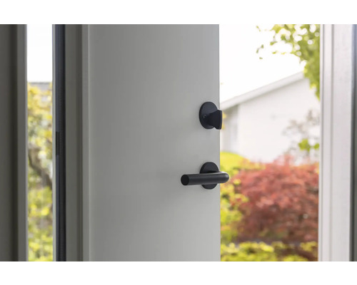 Öppen dörr med svart dörrhandtag och lås