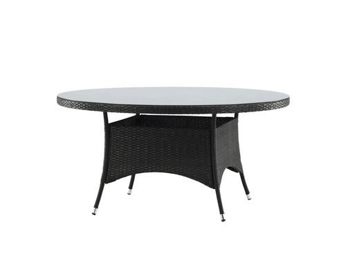 Runt trädgårdsbord med glasskiva och rottingutseende