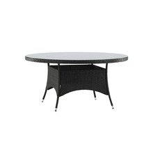 Runt trädgårdsbord med glasskiva och flätad bas