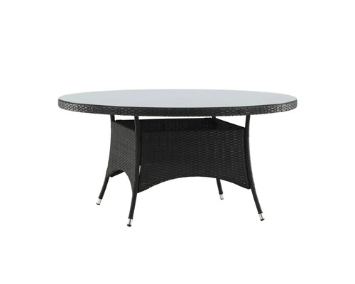 Runt trädgårdsbord med glasskiva och flätad bas