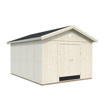 Trädgårdshus i trä med sadeltak och dörr