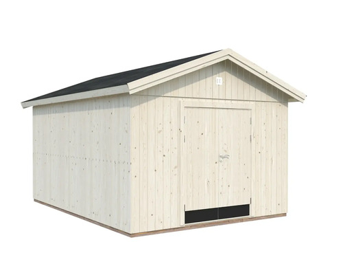 Trädgårdshus i trä med sadeltak och dörr