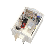 Trädgårdsskjul med gräsklippare, skottkärra, verktyg och trädgårdstillbehör