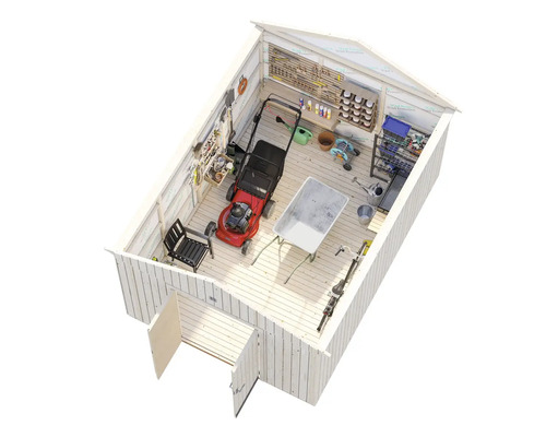 Trädgårdsskjul med gräsklippare, skottkärra, verktyg och trädgårdstillbehör