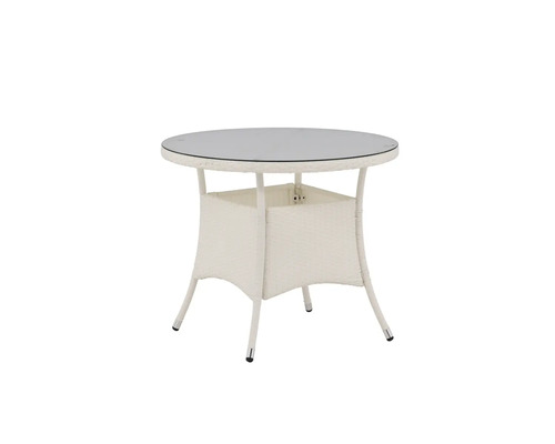 Runt trädgårdsbord med glasskiva och rottingstruktur