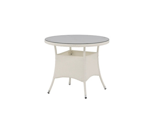 Runt trädgårdsbord med glasskiva och rottingram