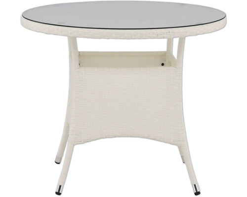 Runt trädgårdsbord med glasskiva och rottinglook