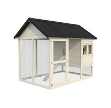 Hönshus av trä med metalltak och trådnät