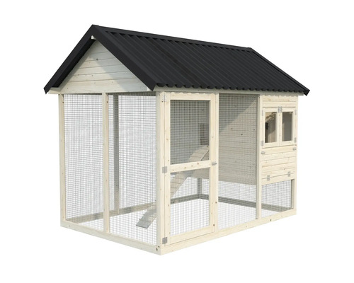 Hönshus av trä med metalltak och trådnät