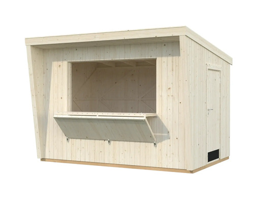 Trädgårdskiosk i trä med fönster och dörr