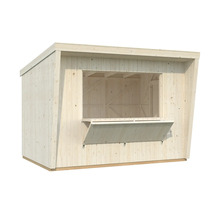 Försäljningsstånd i trä med nedfälld disk