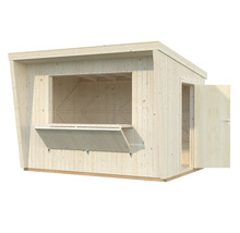 Trädgårdshus i trä med försäljningslucka och öppen dörr