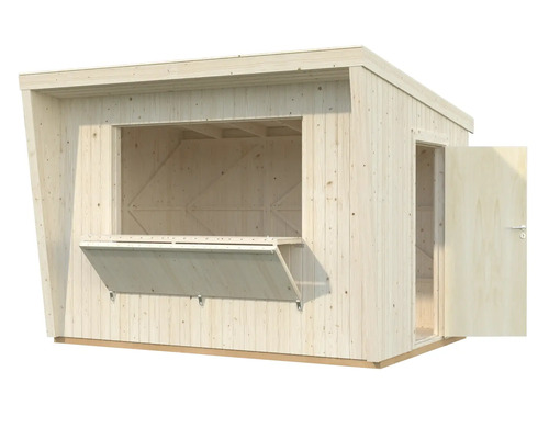 Trädgårdshus i trä med försäljningslucka och öppen dörr