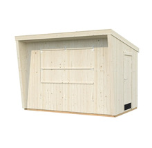 Trädgårdshus i trä med fönsterlucka och dörr