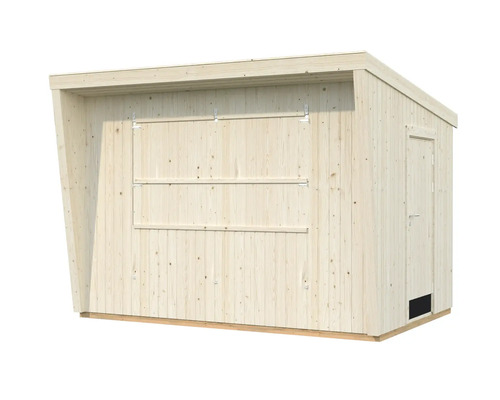 Trädgårdshus i trä med fönsterlucka och dörr