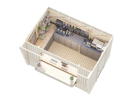 Interiör av en trädgårdstuga i trä med restaurangutrustning