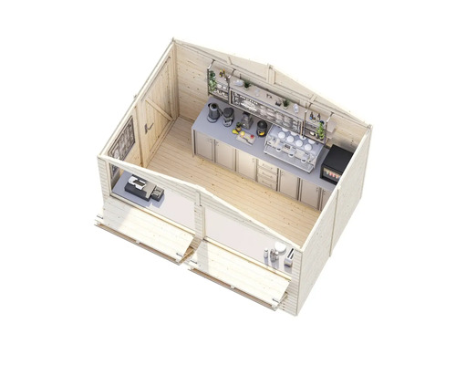 Sektion av ett trädgårdshus i trä med caféinredning