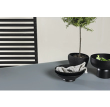 Dekorativ scen med skålar, växt och persienn i trä