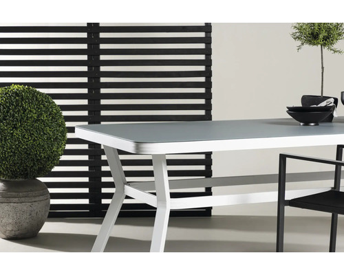 Trädgårdsscen med matbord, växt i kruka och insynsskydd