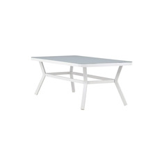 Rektangulärt trädgårdsbord med glasskiva och underrede