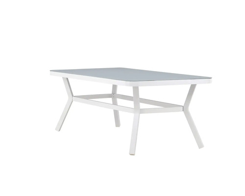 Rektangulärt trädgårdsbord med glasskiva och underrede