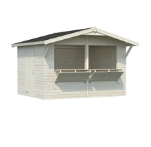 Trädgårdshus i trä med dörr och två fönsterluckor