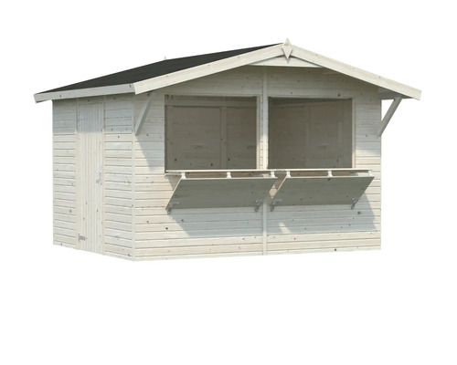 Trädgårdshus i trä med dörr och två fönsterluckor